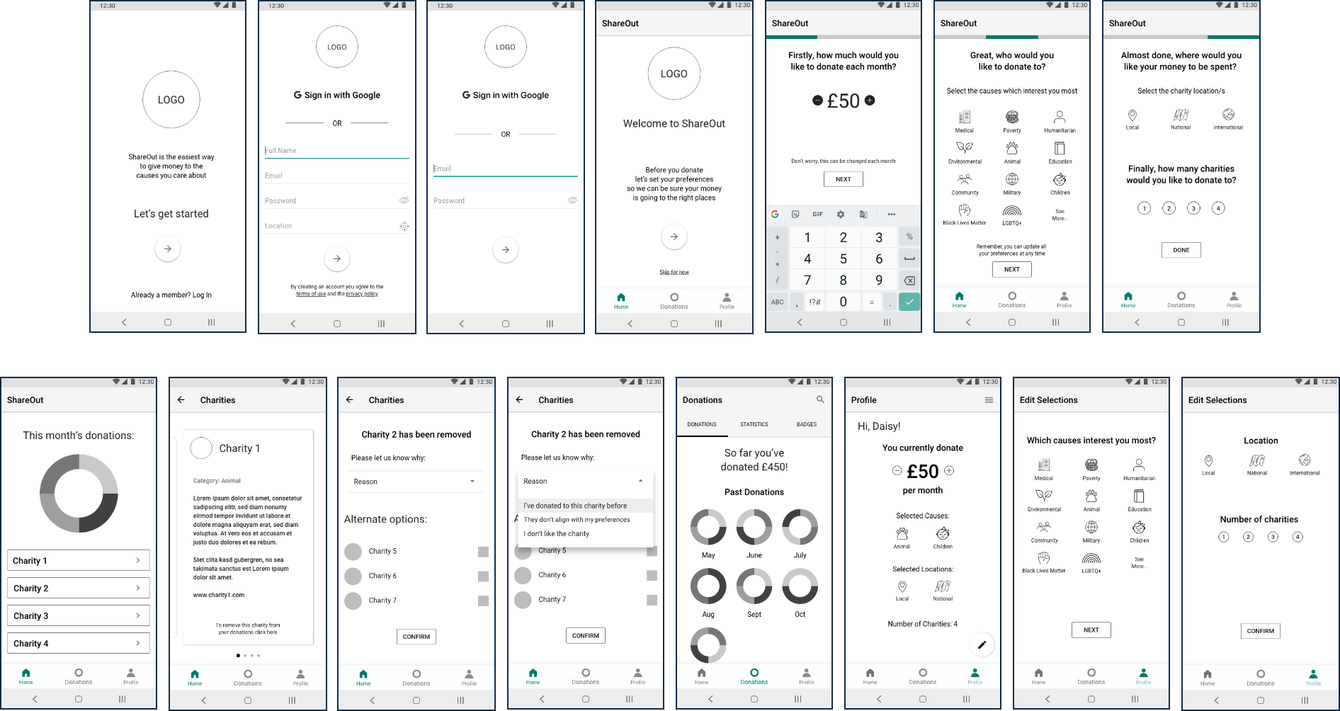 Low-Fidelity Wireframes: Android